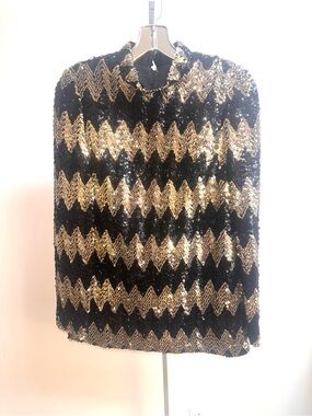 Vintage 1960s Black and Gold Sequin Zigzag micro Mini dress/tunic